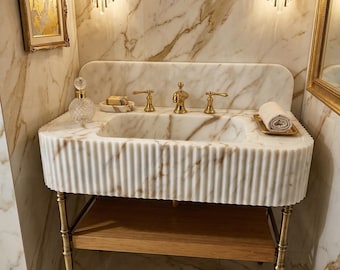 Calacatta Goldmarmor Waschbecken - Geriffeltes Waschtisch Waschbecken mit Aufkantung 45x70x21 cm