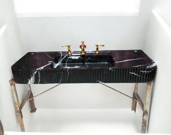 Nero Marquina Marble Bathroom Sink: Black Stone Rectangular Vanity Basin (20x42x6)