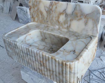 Calacatta Gold Marble Sink: Fluted Vessel Basin with Backsplash