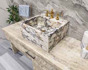 Calacatta Marble Farmhouse Sink Handmade Natural Stone Bathroom Vanity Sink