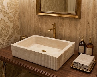Ribbed Travertine Marble Sink – Rectangular Vessel Vanity Basin 16x24x5 inch
