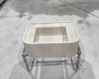 Lavabo fabriqué à la main en marbre travertin cannelé - Meuble-lavabo en pierre de 30 x 18 po.