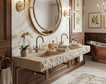Lavabo doble de travertino rústico: tocador de pared de piedra natural