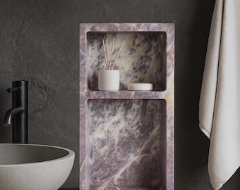 Estante de pared de mármol rosa: espacio de almacenamiento doble para baño o tocador