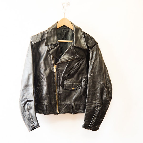 Vintage Distressed Black Leather Biker Jacket// woman's medium/ men's small