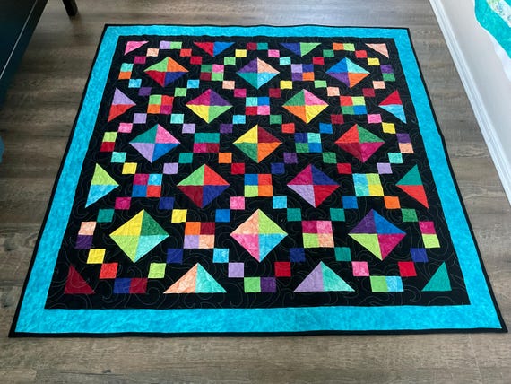 Jewel Box Quilt, Black/ multi colored, unique quilt