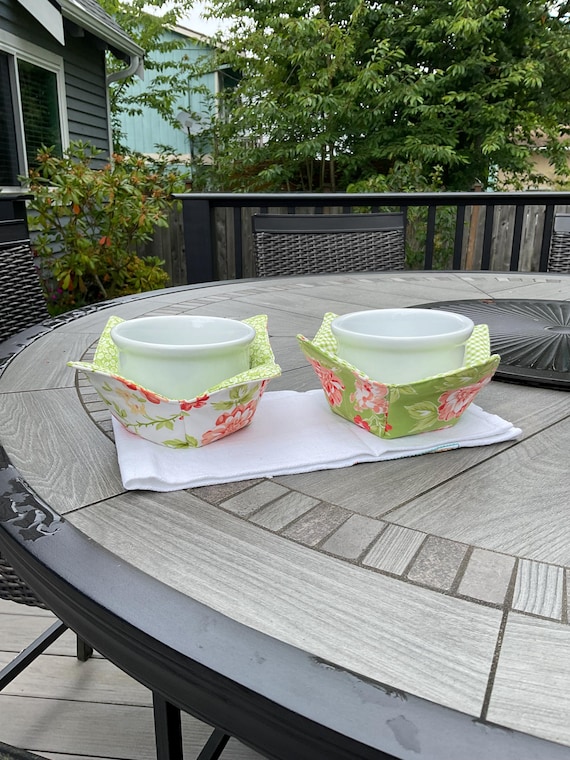 Bright, cheerful bowl cozies set of two. Microwavable and reversible.