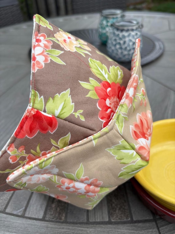 Reversible Bowl Cozies Set: Coral & Tan Floral, Fits 6" Bowls