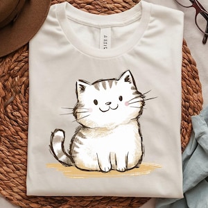Cute Cat-T-shirt – kawaii handgetekend kitten-T-shirt voor kattenliefhebbers, shirt cartoon katten, T-shirt dierenprint