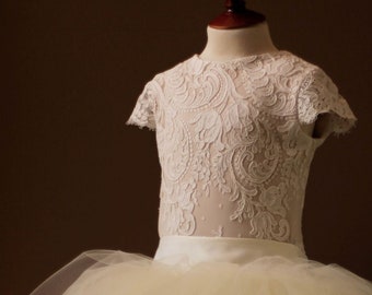 Sheath Linen and Lace Flower Girl Communion Dress with Detachable Tulle Skirt | Convertible Girls Dress