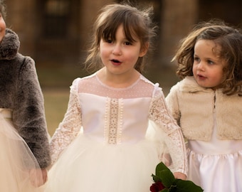 White Silk Wool and Ethnic Lace and Tulle Illusion Neckline  Zabava Girls Dress for Flower Girl, Wedding, Communion, or Bat Mitzvah