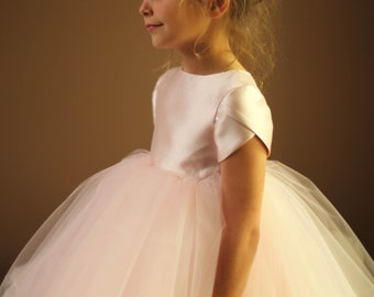 Pink Princess Flower Girl Dress | Light Pink Silk Wool Bodice with Big Tulle Skirt Bottom and Wide Sash and Bow