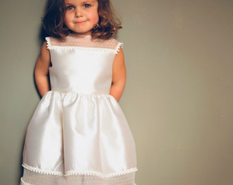 White Silk Wool Flower Girl Dress with Illusion Neckline