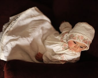 Ukrainian Rose Linen and Lace Hand Embroidered Girls Vyshyvanka Christening Gown Dress for Baptism with Matching Bonnet