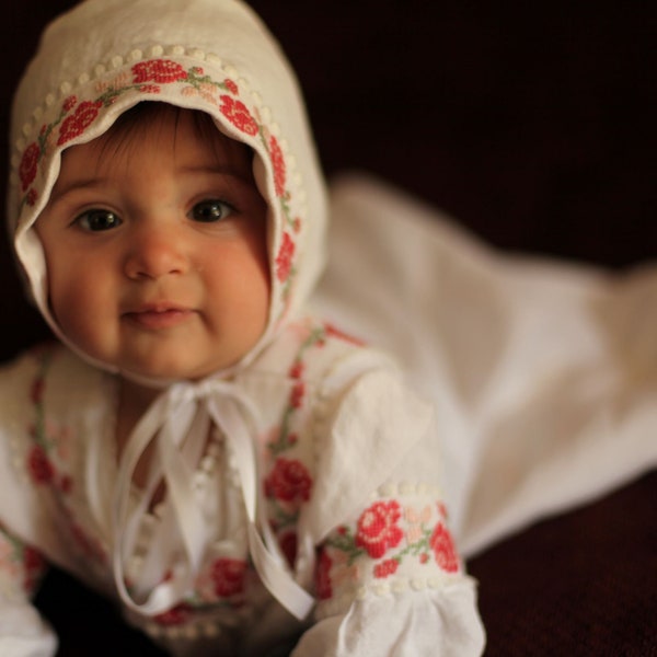 Ukrainian Pink Rose Linen and Lace Hand Embroidered Girls Vyshyvanka Christening Gown Dress for Baptism with Matching Bonnet