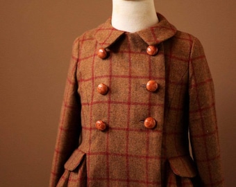 Girls Red and Brown Plaid Tweed (Riding) Double Breasted Peacoat Jacket with Real Leather Buttons