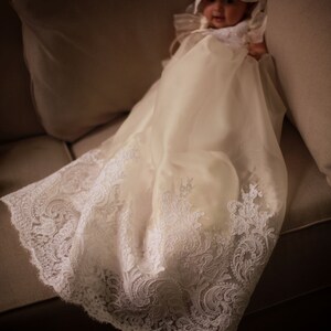 Beautiful girls long christening gown with French white lace and soft silk organza for baptism