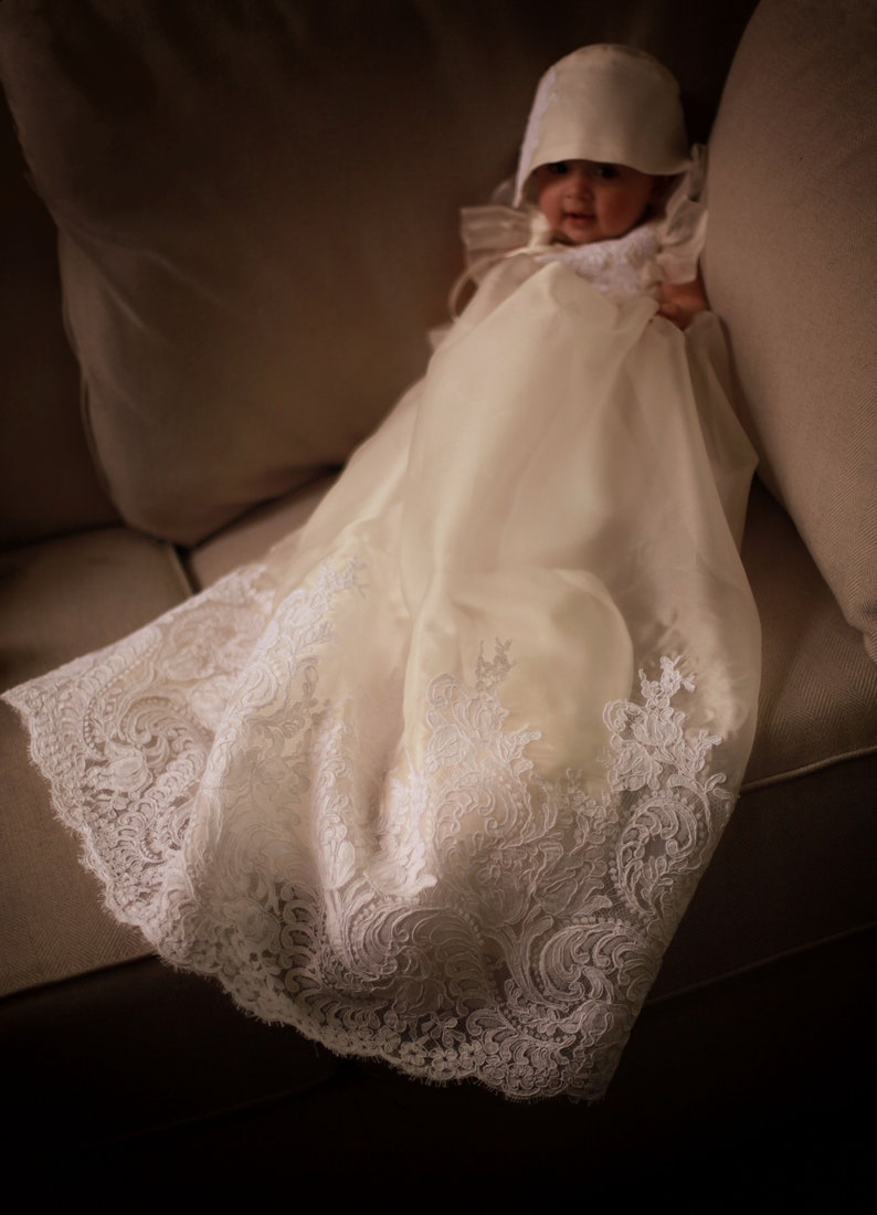 Beautiful girls long christening gown with French white lace and soft silk organza for baptism