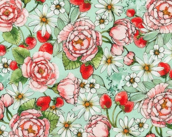 Seafoam Strawberry Floral Fabric
