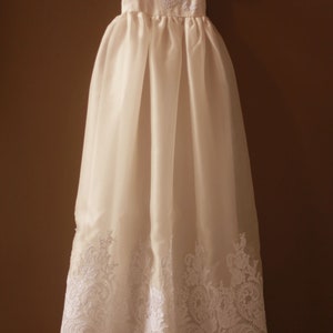 Long traditional white French alencon lace and ivory silk organza gazar christening gown with flutter sleeves for baptism