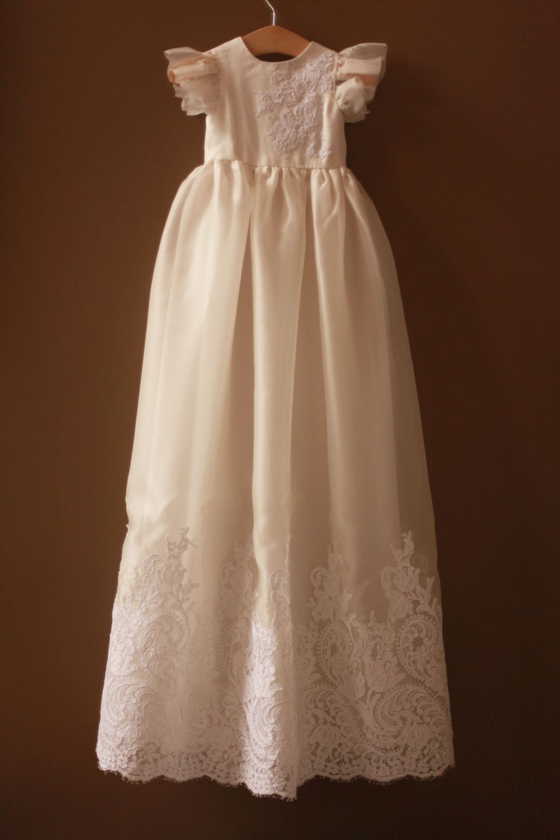 Long traditional white French alencon lace and ivory silk organza gazar christening gown with flutter sleeves for baptism