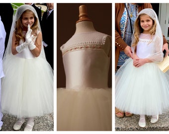 Flower Girl Communion Dress with Ukrainian Embroidery, White Silk Wool, Ivory illusion dotted neckline, tutu tulle layers and satin skirt