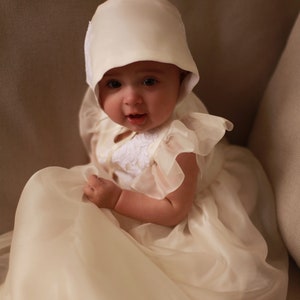 Handmade white and ivory silk organza and French alencon lace Christening gown for girls for baptism