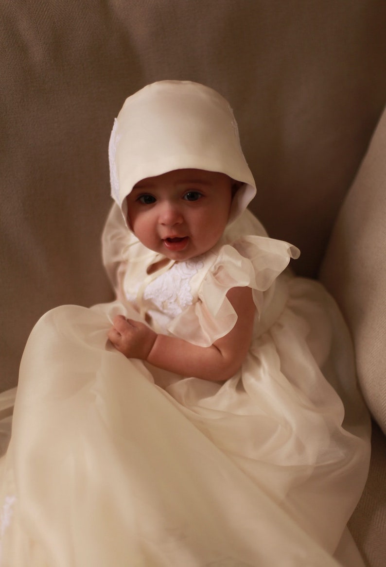 Handmade white and ivory silk organza and French alencon lace Christening gown for girls for baptism