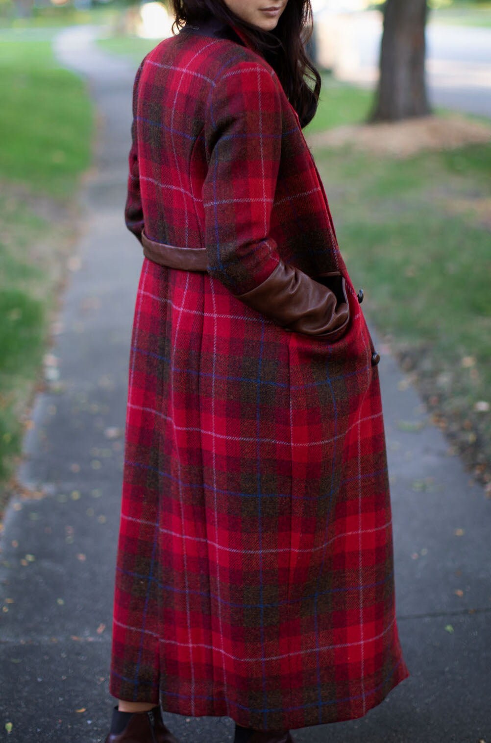 Long red cheap plaid coat