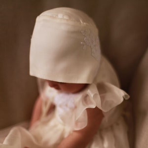 Silk flutter sleeves baptismal gown with white lace and matching ivory bonnet