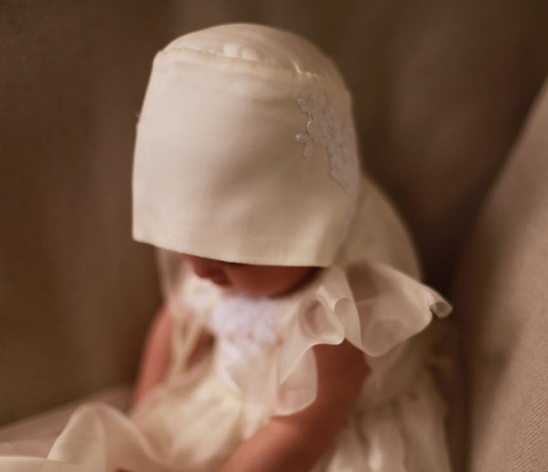 Silk flutter sleeves baptismal gown with white lace and matching ivory bonnet