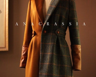 Gold Satin Wool & English Gray Red Plaid Tweed with Cognac Real Leather Color Block Jacket Coat with Leather Buttons