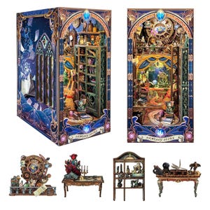DIY Book Nook Kit Fantasy Store Book Nook Mechanical Clock Book Shelf Insert Library DIY Miniature Bookend Bookshelf Decor