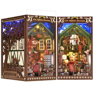 DIY Book Nook Kit Cat Affairs Bureau Book Nook Double Side Book Shelf Insert Cat House DIY Miniature Bookend Bookshelf Decor