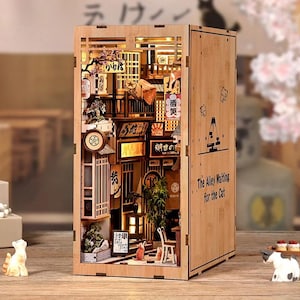 Kit coin livre à faire soi-même : l&#39;allée en attendant le chat, décor de diorama japonais à insérer dans une étagère miniature