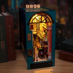 DIY Book Nook Kit Happy Street Book Nook Photo Studio Book Shelf Insert Japanese Alley Style DIY Miniature Bookend Bookshelf Decor