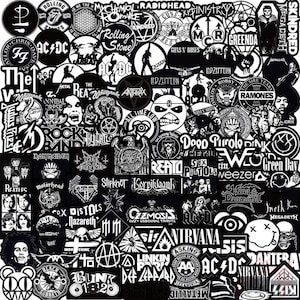 Pacote com 100 adesivos de bandas de rock 'n' roll em preto e branco para laptop | Garrafa de água | Skate | ACDC | The Beatles | Bon Jovi