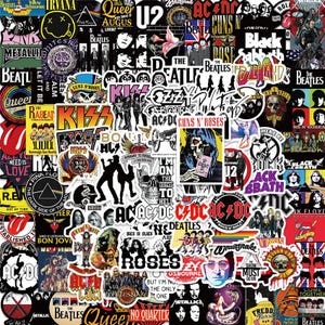 Paquete de 100 pegatinas de bandas de rock variadas para portátil, botella de agua, monopatín, equipaje, snowboard, AC/DC, The Beatles y Bon Jovi.