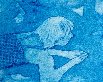 Swimmer blue Original Collagraph wall art