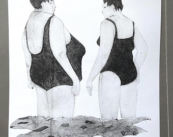 Dos van a nadar. Original, paquete Tetra grande para mujer. Arte mural de colagrafía.