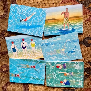Pack of 6 Greetings cards from original Swimming Linocuts Group B by Drusilla Cole