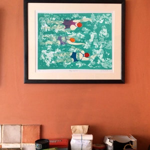 Big Swim Again ' Original Linocut Print three ladies swimming in a green sea wall art image 2