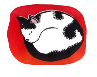 Original Linocut Sleepy Cat black and white cat curled up on red mat
