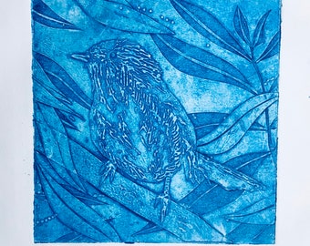 Bird - Fairy Wren Original Collagraph wall art