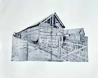 Two Barns Original Drypoint etching Tetrapak wall art