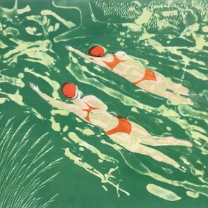 Two go Wild Again &#39; Original Linocut Print two swimmers Wild swimming wall art