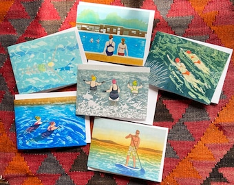 Swimming 6 Greeting Cards from original Linocuts by Drusilla Cole