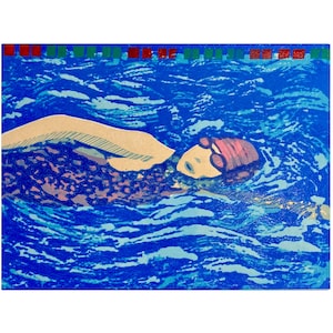 Pool Swimming original linocut print wall art swimmer in a pool