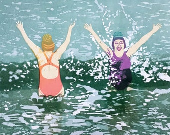 Joy of Swimming Original Linocut two ladies happy splashing in the sea