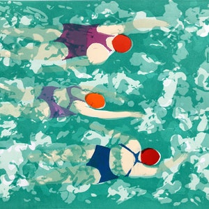 Big Swim Again ' Original Linocut Print three ladies swimming in a green sea wall art image 1